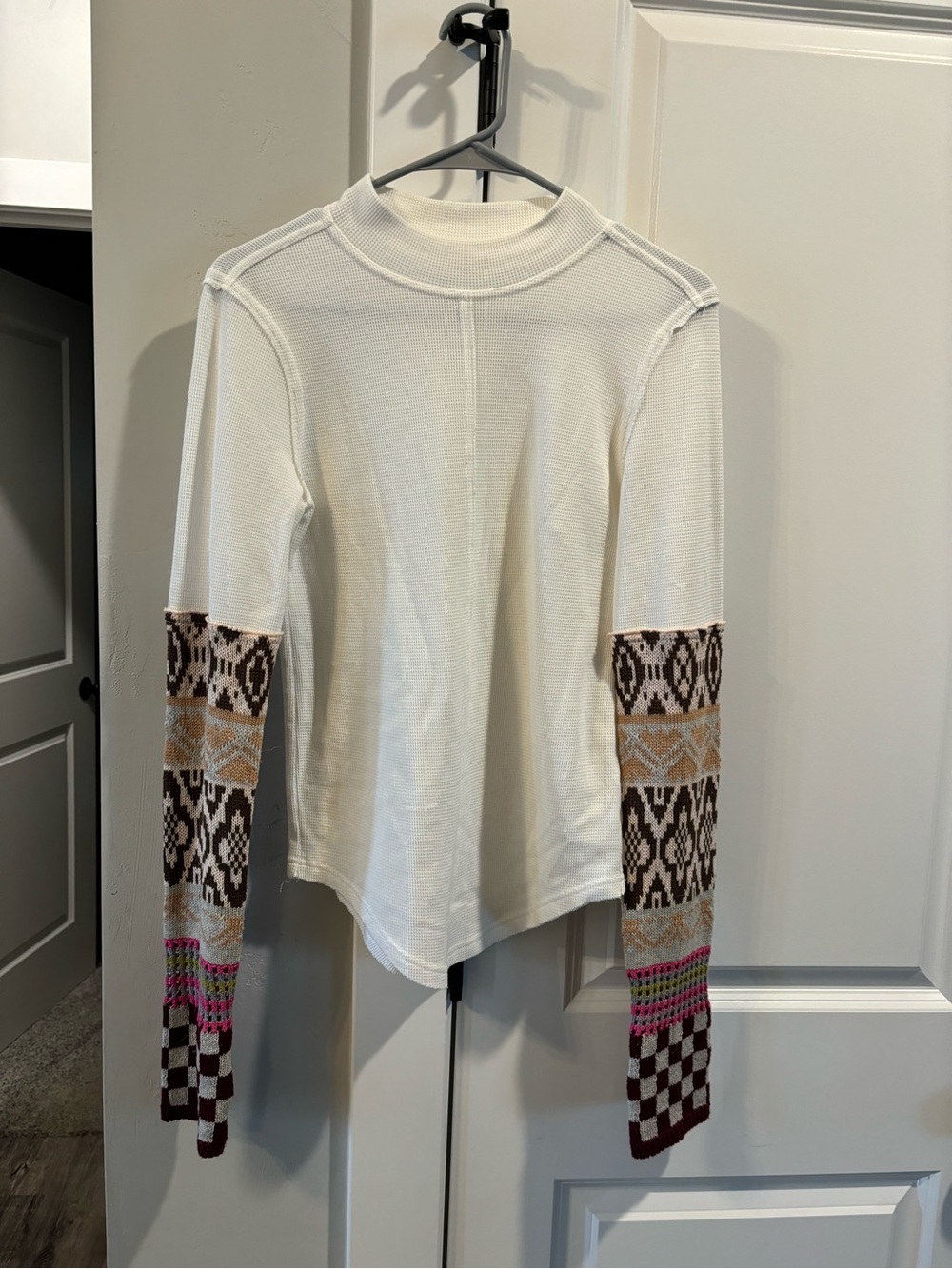 We The Free Cream Long-Sleeve Knit Top with Patterned Sleeves